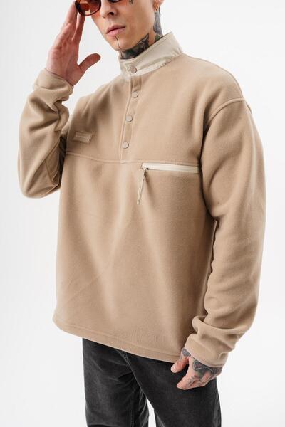 Respire Men's Half Zip Oversized Fleece Jacket Beige