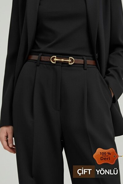 Kemerix 100% Genuine Leather Reversible Black-Brown Gold Buckle Thin Women's Belt