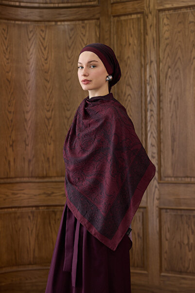 Moda Mevsimi İpekhan Bordo Serisi Desenli Kraş Şal 7008