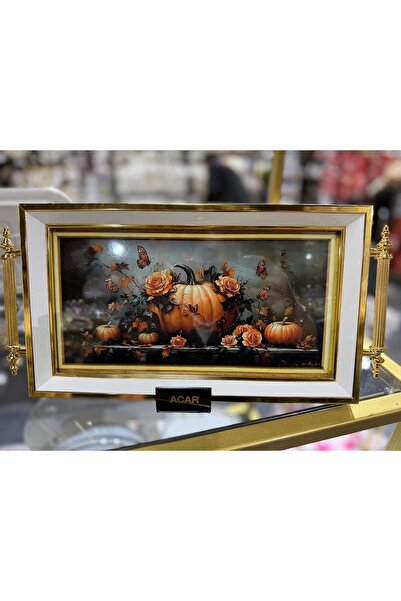 Ulus Home Decorative Tray with Pumpkin and Flower Pattern 18X30 cm – Tray with Gold Handles