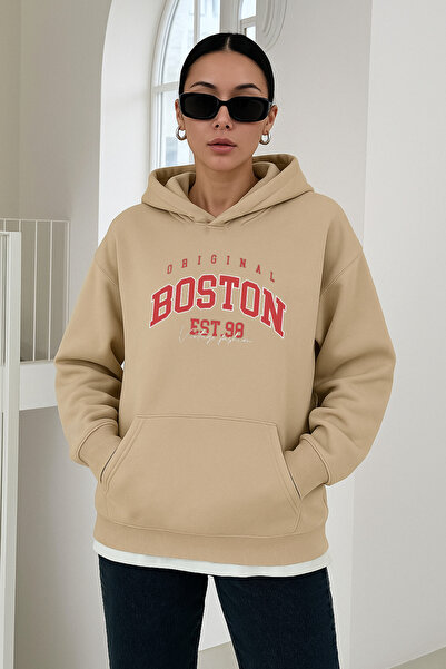 dont quıt Femei Bej supradimensionat cu glugă Swea tricou Boston roșu cu impr...