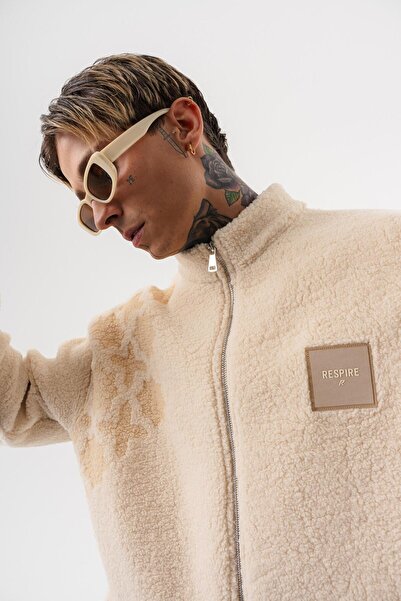 Respire Men's Abstd Zip Oversized Teddy Jacket Ecru