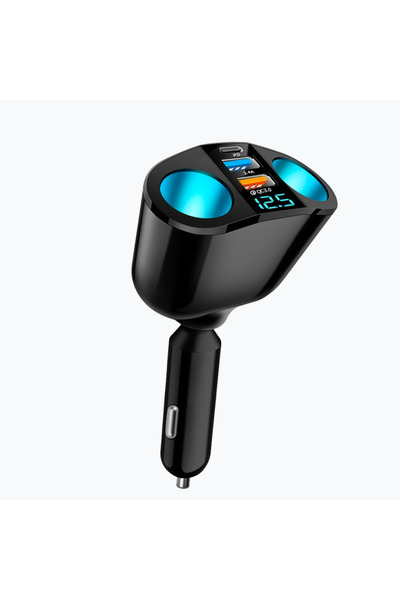 OEM Car Charger 12V-24V with Double Socket, PD QC3.0, 2xUSB, LED Display, Blue Atmosphere