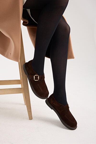 Jande Kadın Kahverengi Süet Tokalı Comfort Loafer – Düz Taban Günlük Ayakkabı