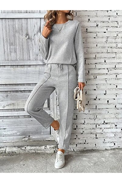 ALPACO Women's Long Sleeve Ribbed Side Viscose Two-Piece Set with Two Threads and Pants