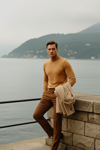 COMBİNE MİCHAİL Мъжки пуловер с обло деколте, плетен, в цвят кафе