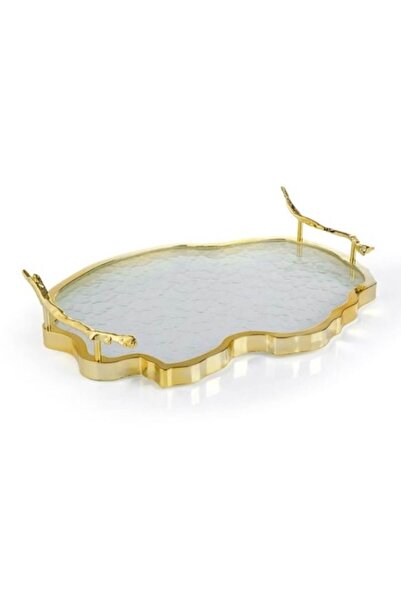 AB HOMES Metal serving tray, gold, with glass surface, 49x42 cm