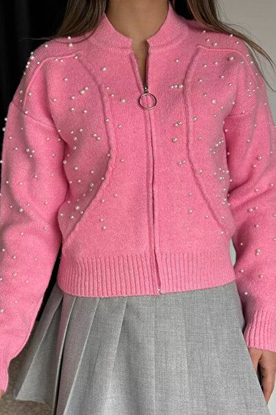 Mila Pink Pearl Zippered Knitwear Cardigan