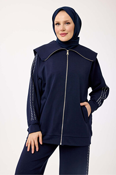 My City 6084 - Stylish Comfortable Cotton Wide Collar, Stone Detailed Pants Long Jacket Set