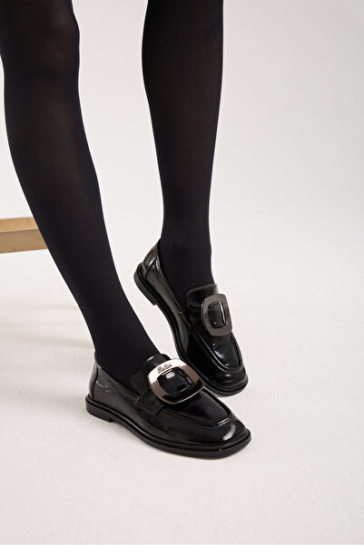Jande Women's Black Patent Leather Buckle Loafer – Stylish Casual & Office Shoes