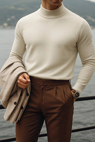 COMBİNE MİCHAİL Men's High Neck Casual Cream Knit Sweater