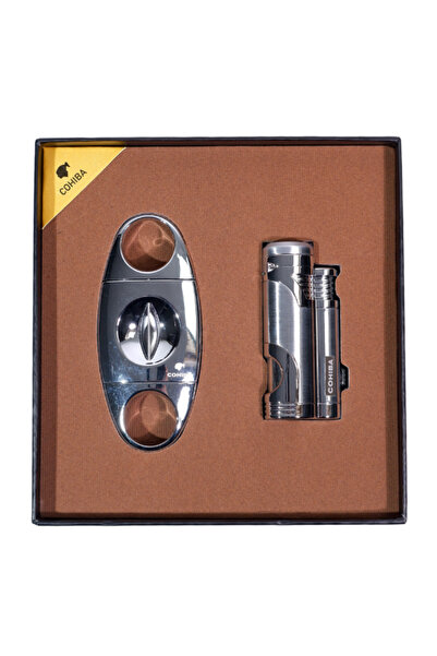 COHİBA Çakmak Kesici İkili Gümüş Puro Seti