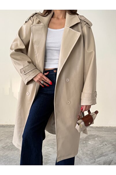 mydukkan.co Leather Trench Coat with Epaulet Detail