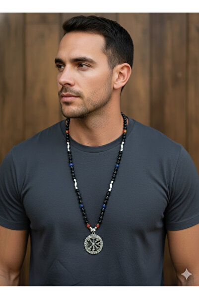 set.up قلادة رجالية طويلة بتصميم بوصلة من الحجر الطبيعي