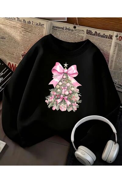 herkesemoda Коледна елха Принт Детайлна велосипедна блуза с качулка