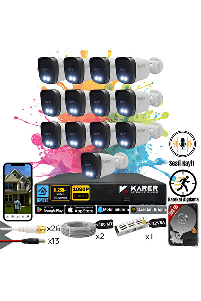 KARER Exitcam-13'li AHD Güvenlik Kamera Seti-Gece Renkli- Su Geçirmez- Full HD