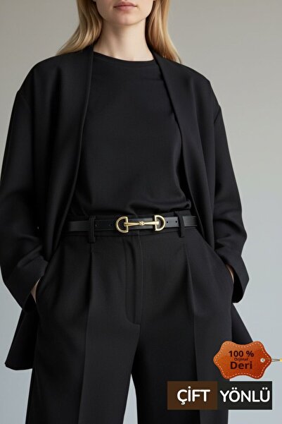 Kemerix 100% Genuine Leather Reversible Black-Brown Gold Buckle Thin Women's Belt