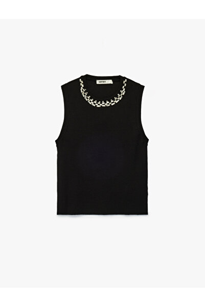 Koton Crew Neck Sleeveless Rhinestone Knit Blouse