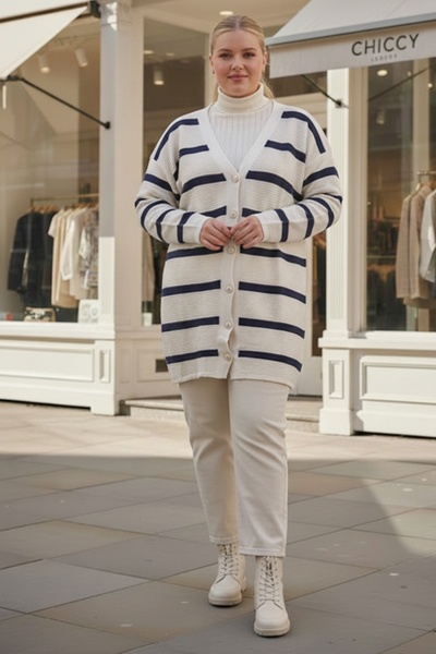 Chiccy Plus Size Ecru V-Neck Long Sleeve Striped Buttoned Casual Knitwear Cardigan 90 65