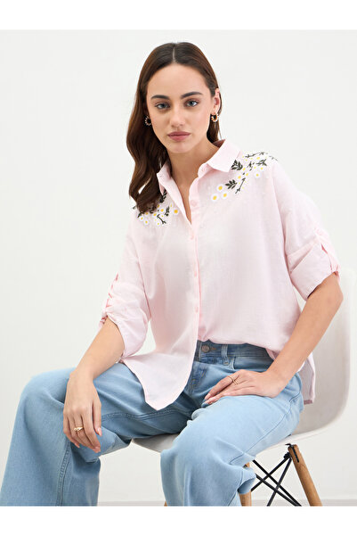 Styli Pink Embroidered Cotton Long Sleeve Shirt