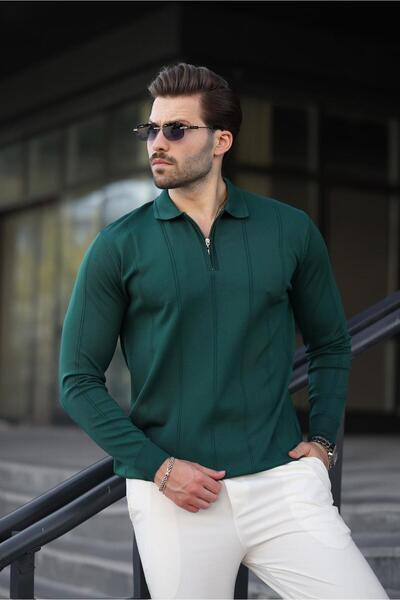 Madmext Nefti Green Polo Neck Zippered Men's Sweater E7427