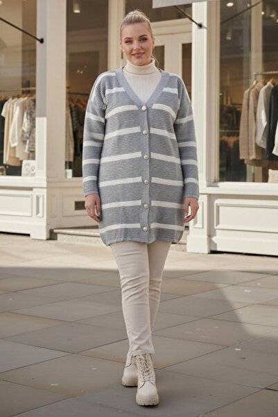 Chiccy Plus Size Grey-White V-Neck Long Sleeve Striped Button Casual Knitwear Cardigan 90 65