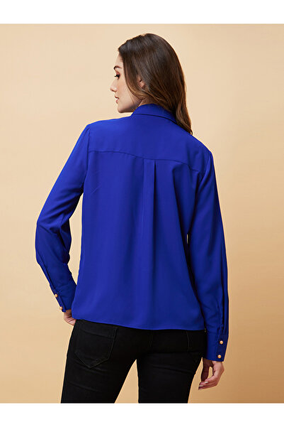 Globus By Styli Royal Blue Ruffle Front Long Sleeve Shirt