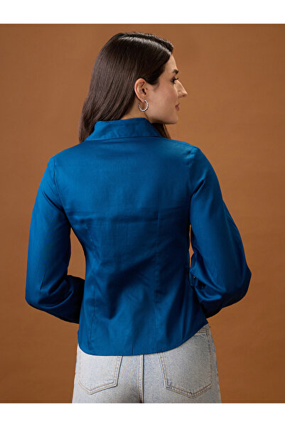 Globus By Styli Navy Blue Balloon Sleeve Buttoned Shirt