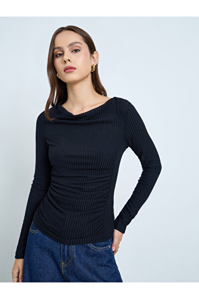 Take Two By Styli Black Draped Neck Ribbed Top