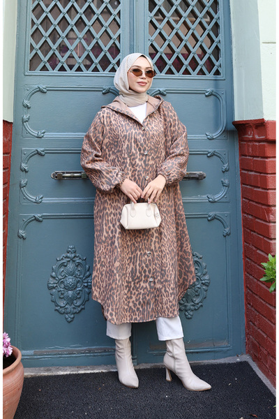 sefamerve Καπέλο με με κουκούλα κουμπιά με λεοπάρ στάμπα 0226-05 Καφέ ανθρακί