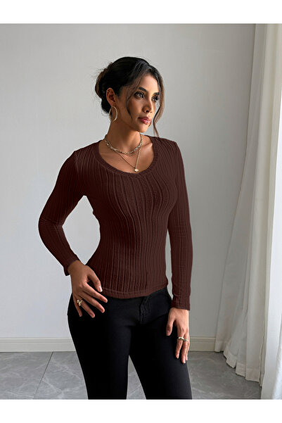 Take Two By Styli Women Brown Ribbed Knit Long Sleeve Top