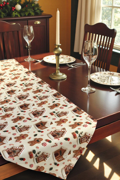 DECOROMA Runner cu model de bomboane și casă tematică de Anul Nou - Cusut manual