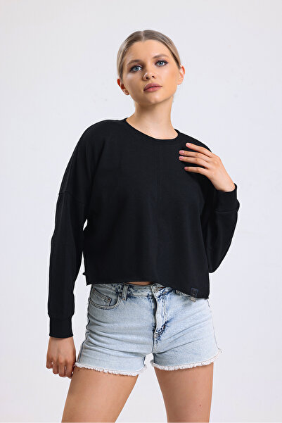 MELA ROSSA Women's Black Crew Neck Long Sleeve 2 Thread Short Sweat