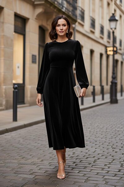 Mossta Απλό κομψό μαύρο βελούδινο φόρεμα