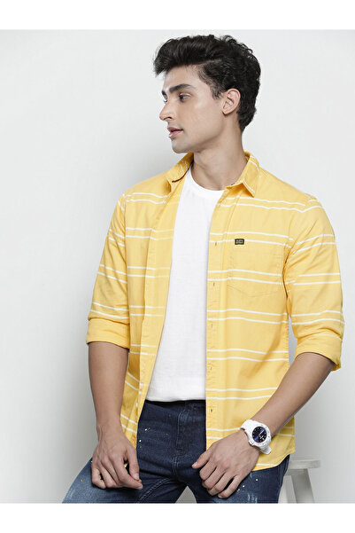 The Indian Garage Co By Styli قميص رجالي مخطط قصة ضيقة باللون الأصفر