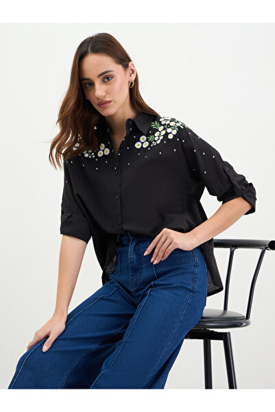 Styli Embroidered Shoulder Black Shirt