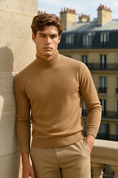 COMBİNE MİCHAİL Men's Casual Daily Trend Basic Brown Sweater