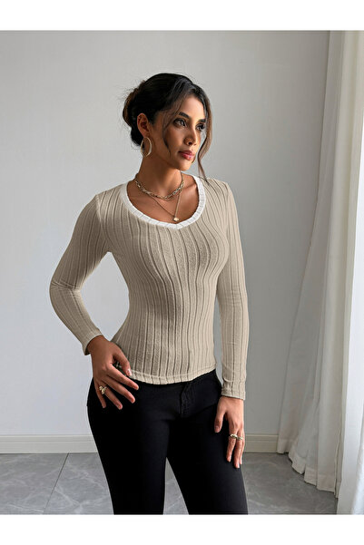 Take Two By Styli Women Beige Ribbed Knit Long Sleeve Top