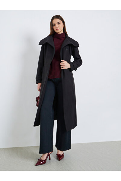 Styli Women Black Midi Length Belted Wool Coat