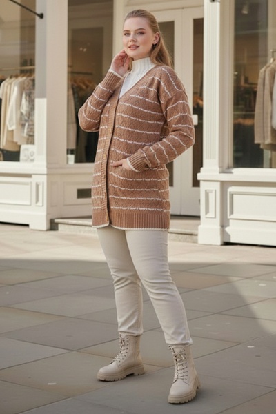 Chiccy Plus Size Milk Coffee V-Neck Long Sleeve Striped Button Casual Openwork Knitwear Cardigan 80 62
