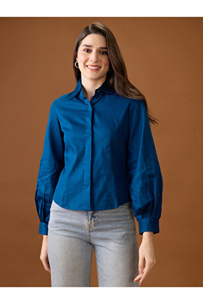 Globus By Styli Navy Blue Balloon Sleeve Buttoned Shirt