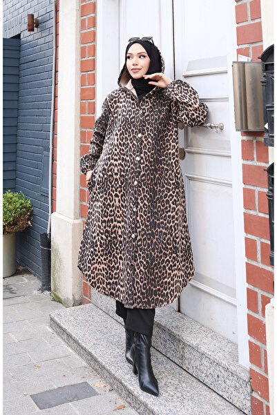 sefamerve Καπέλο με με κουκούλα κουμπιά με λεοπάρ στάμπα 0226-02 Μαύρο καφέ