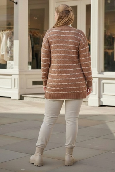 Chiccy Plus Size Milk Coffee V-Neck Long Sleeve Striped Button Casual Openwork Knitwear Cardigan 80 62