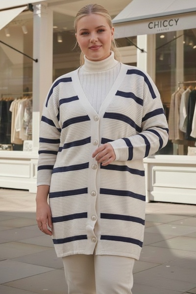 Chiccy Plus Size Ecru V-Neck Long Sleeve Striped Buttoned Casual Knitwear Cardigan 90 65
