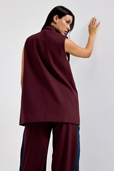 it's basic Women's Burgundy Color Denim Patchwork Long Length Special Design Lined Vest