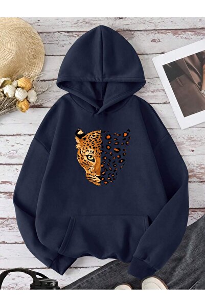 Rokeby Unisex Half Face Leopard Printed Kangaroo Pocket Hooded Navy Blue Sweatshirt