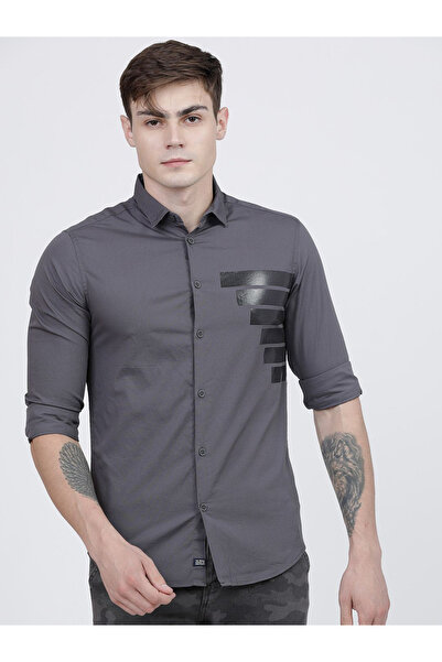 The Indian Garage Co By Styli Men Slim Fit Grey Placement Printed Shirt