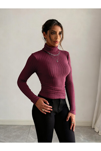 Take Two By Styli Women Burgundy Ribbed Turtleneck Top