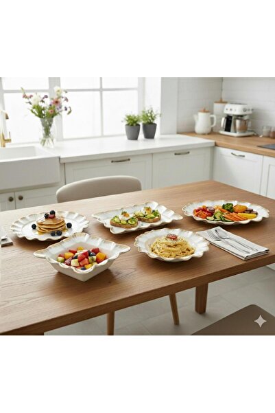 Hinora Gold Detail White 5 Piece Ceramic Serving Plate Set