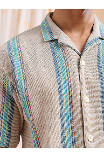 The Indian Garage Co By Styli Men Beige Striped Resort Collar Shirt
